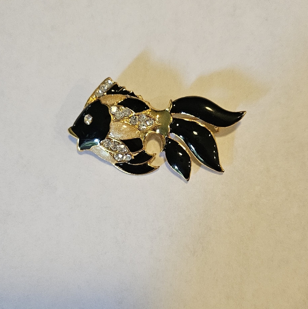 Fish Brooch Pin Goldfish Koi Black Tan Gold Enamel Rhinestones Vintage